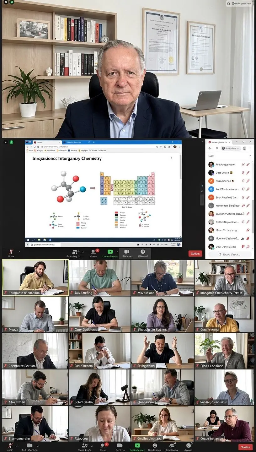 Laboratorium mit verschiedenen chemischen Geräten und Reagenzgläsern auf einem Tisch.