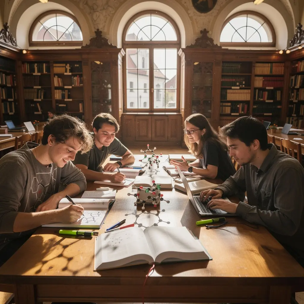 Virtuelle Klassenzimmerumgebung mit einem Lehrer, der chemische Konzepte erklärt.