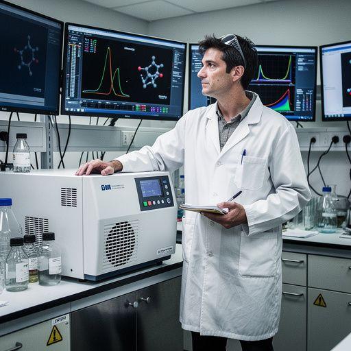 Laborutensilien und Chemikalien sind auf einem Tisch angeordnet, bereit für ein Experiment.